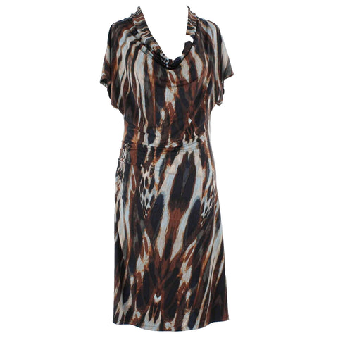Calvin Klein NEW $100 Sz S Brown Multi Ruched Cowl Neck Poly Blend Dress