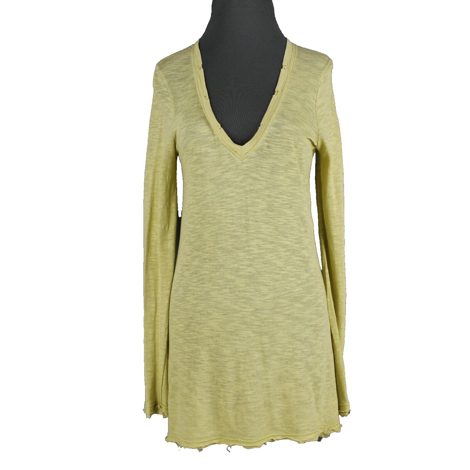 We The Free Sz SP Lime Green V Neck Semi Sheer Long Sleeve 100% Cotton Top