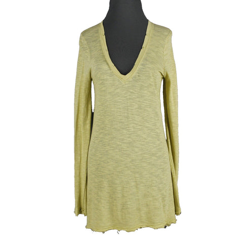 We The Free Sz SP Lime Green V Neck Semi Sheer Long Sleeve 100% Cotton Top