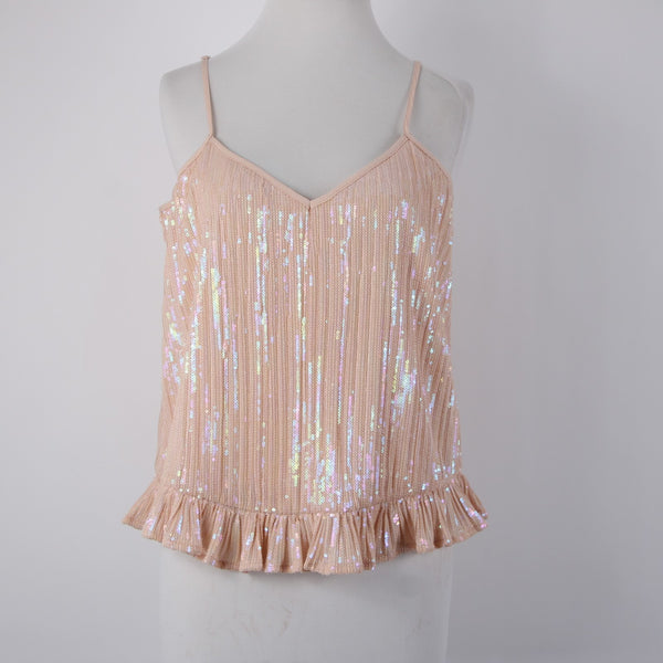 Anthropologie Top NEW $98 Sz 4 Pink Sequin Ruffle Peplum 100% Polyester Top