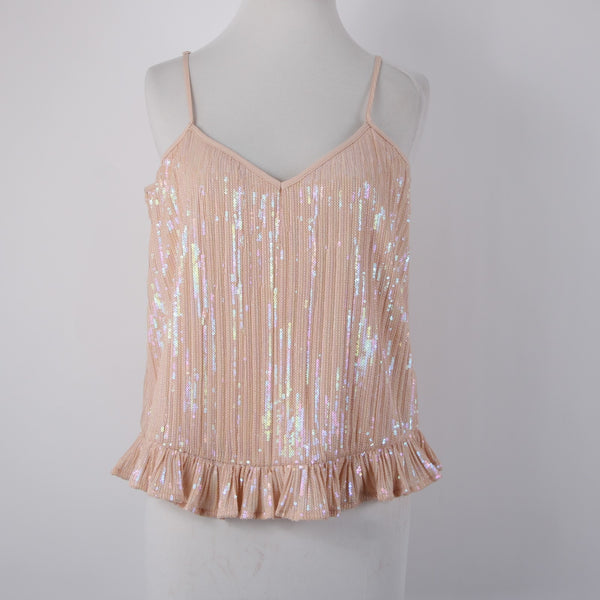 Anthropologie Top NEW $98 Sz 4 Pink Sequin Ruffle Peplum 100% Polyester Top