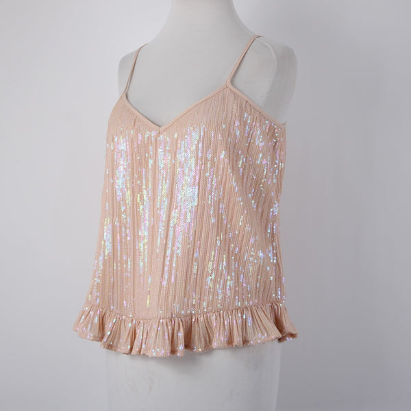 Anthropologie Top NEW $98 Sz 4 Pink Sequin Ruffle Peplum 100% Polyester Top