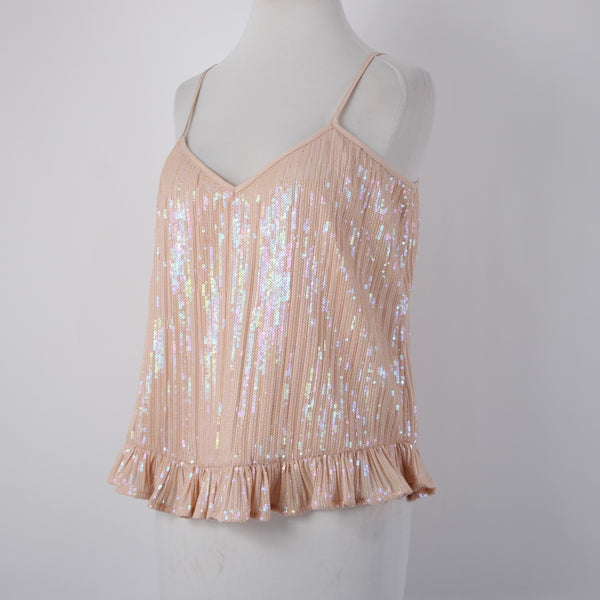Anthropologie Top NEW $98 Sz 4 Pink Sequin Ruffle Peplum 100% Polyester Top