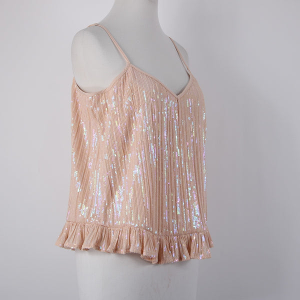 Anthropologie Top NEW $98 Sz 4 Pink Sequin Ruffle Peplum 100% Polyester Top