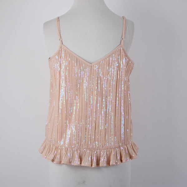 Anthropologie Top NEW $98 Sz 4 Pink Sequin Ruffle Peplum 100% Polyester Top