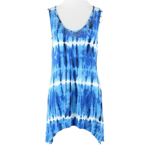 Belldini Sz M Blue White V Neck Tie Dye Rhinestone Viscose Blend Top