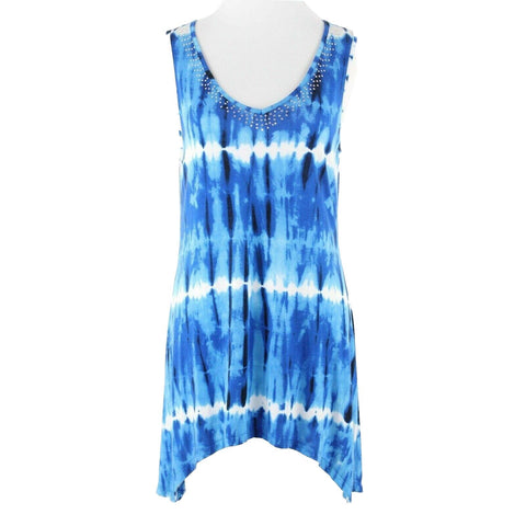 Belldini Sz M Blue White V Neck Tie Dye Rhinestone Viscose Blend Top