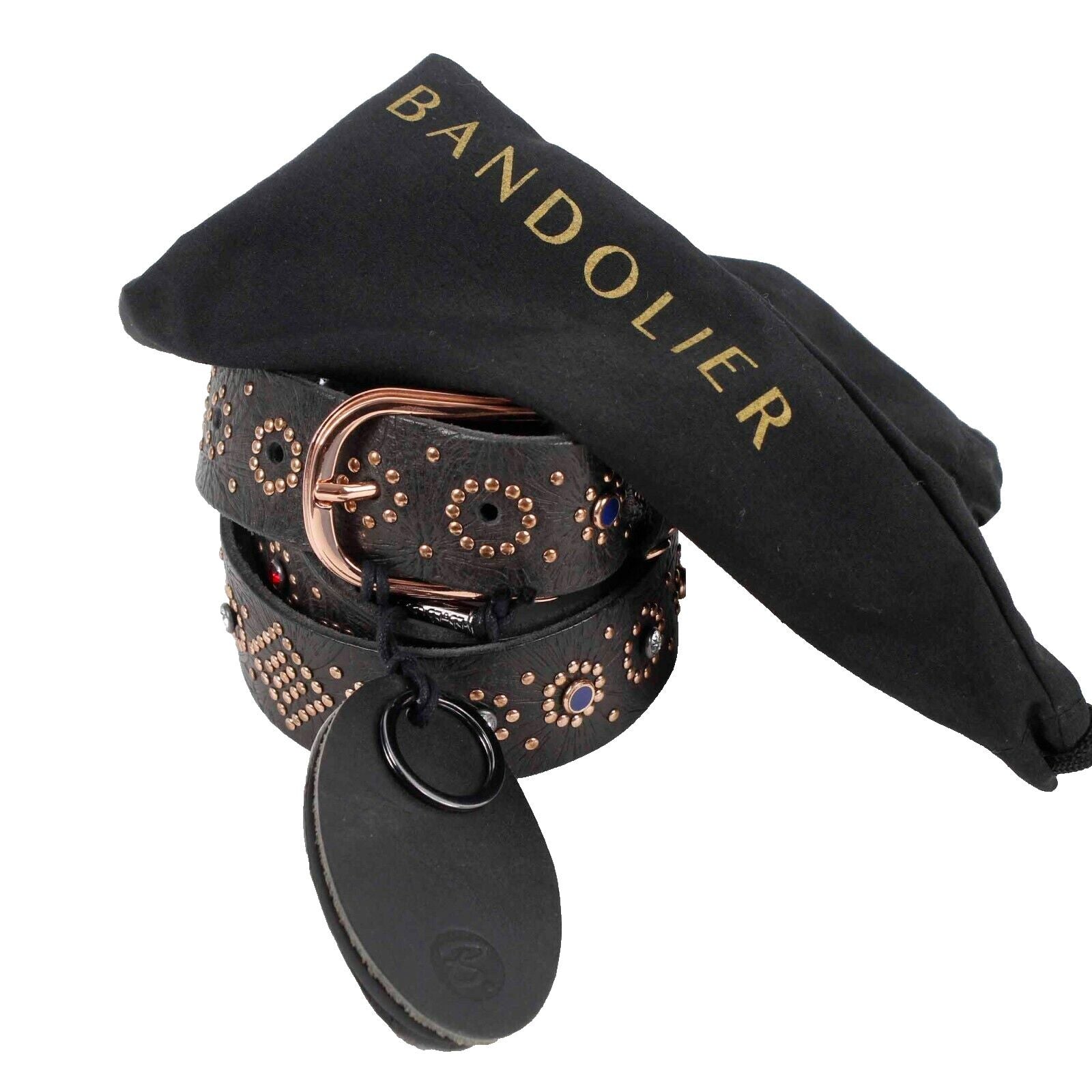 Bandolier NEW $210 Sz M 32 - 38 Black Leather Rose Goldtone Rhinestone Belt