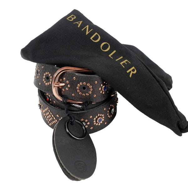 Bandolier NEW $210 Sz M 32 - 38 Black Leather Rose Goldtone Rhinestone Belt