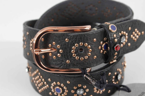 Bandolier NEW $210 Sz M 32 - 38 Black Leather Rose Goldtone Rhinestone Belt