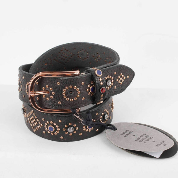Bandolier NEW $210 Sz M 32 - 38 Black Leather Rose Goldtone Rhinestone Belt