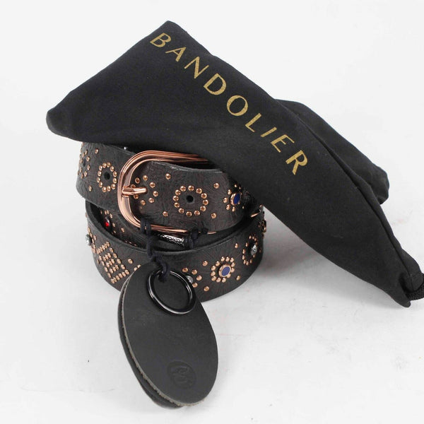 Bandolier NEW $210 Sz M 32 - 38 Black Leather Rose Goldtone Rhinestone Belt