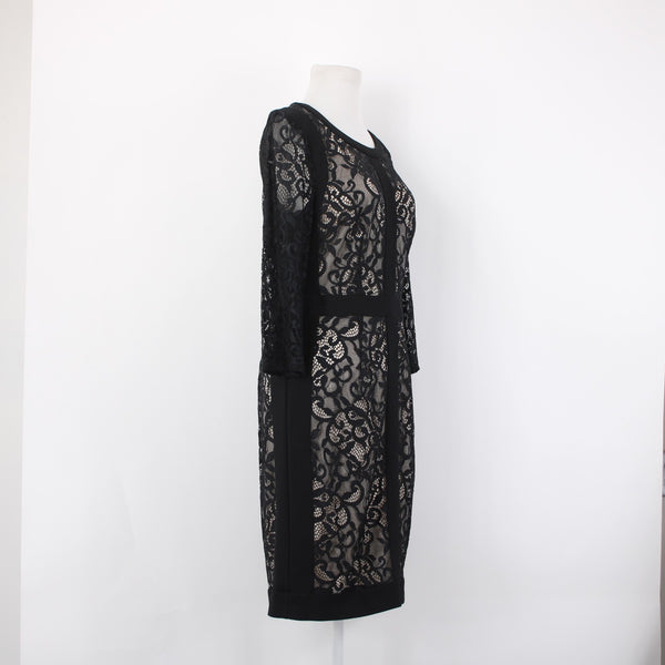 Laundry Shelli Segal Dress Sz 10 Black Lace over Nude Slip Poly Blend Dress