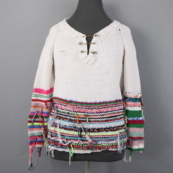 Cavia Sweater Sz M White Multi Color Over Sized Open Knit Fringe Yarn Sweater