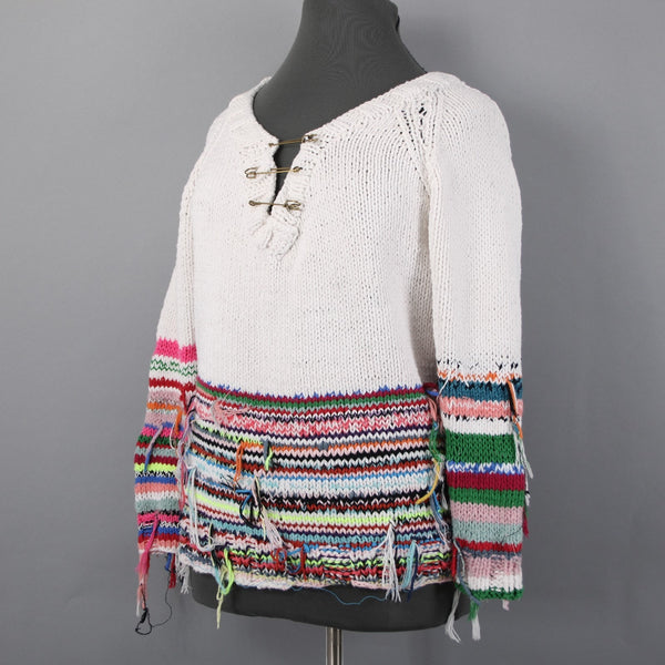 Cavia Sweater Sz M White Multi Color Over Sized Open Knit Fringe Yarn Sweater