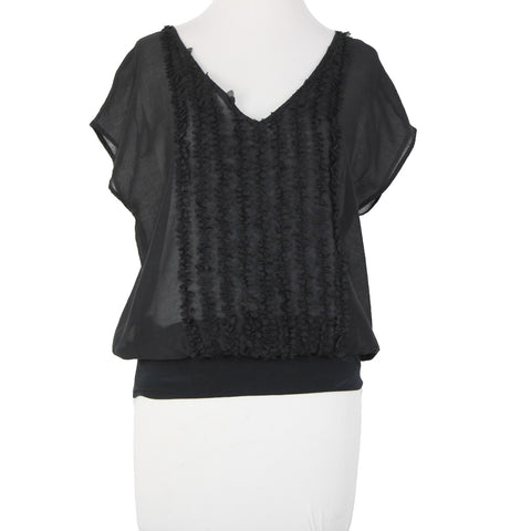 Isda Co NEW $163 Clipped Sz S Black Sheer V Neck Short Sleeve Poly Cotton Top