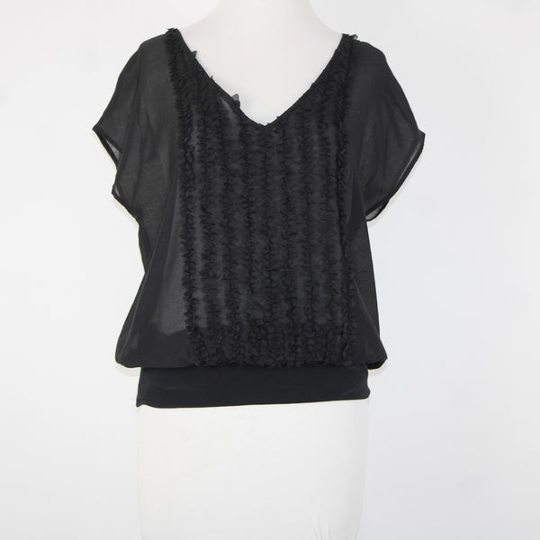 Isda Co NEW $163 Clipped Sz S Black Sheer V Neck Short Sleeve Poly Cotton Top