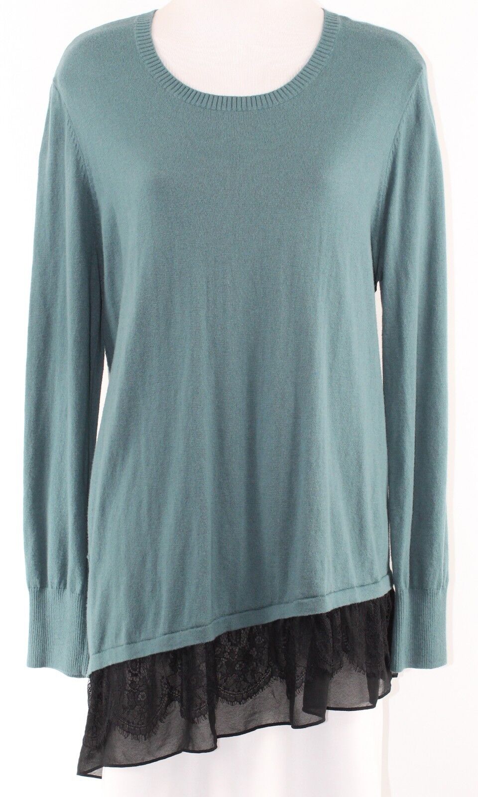LOGO L Teal Black Lace Chiffon Asym Flounce Cotton Cashmere Sweater
