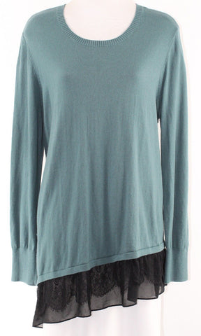 LOGO L Teal Black Lace Chiffon Asym Flounce Cotton Cashmere Sweater