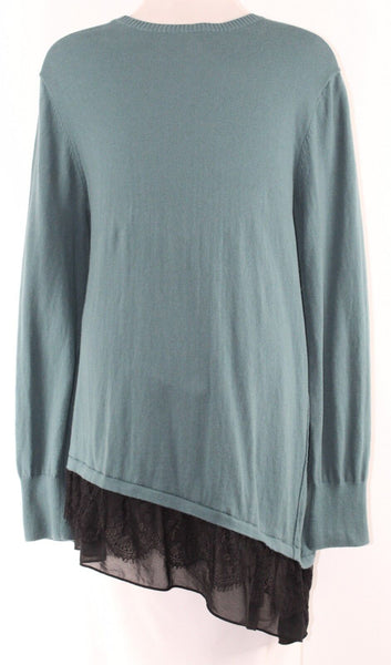 LOGO L Teal Black Lace Chiffon Asym Flounce Cotton Cashmere Sweater