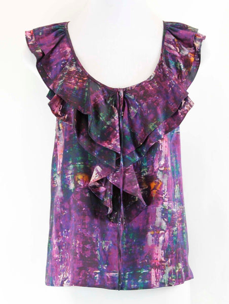 Theory Sz S NEW $215 Arnalda Black Cherry Multicolor 100% Silk Ruffle Top