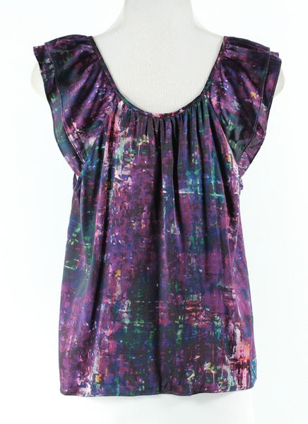 Theory Sz S NEW $215 Arnalda Black Cherry Multicolor 100% Silk Ruffle Top