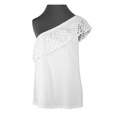 LOFT NEW $45 Sz SP White One Shoulder Lace Ruffle 100% Cotton Top
