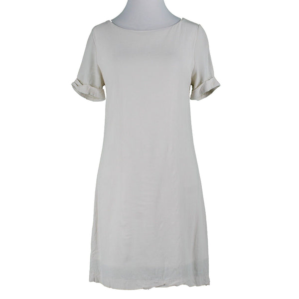 Interi Sz S Ivory Lined Round Neck Cuffed Short Sleeve Pullover 100% Rayon Dress