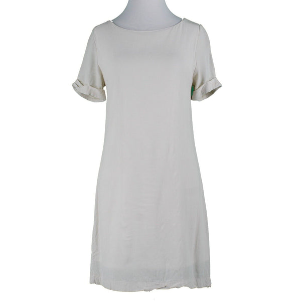 Interi Sz S Ivory Lined Round Neck Cuffed Short Sleeve Pullover 100% Rayon Dress