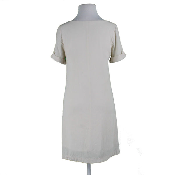 Interi Sz S Ivory Lined Round Neck Cuffed Short Sleeve Pullover 100% Rayon Dress