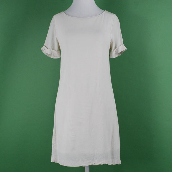 Interi Sz S Ivory Lined Round Neck Cuffed Short Sleeve Pullover 100% Rayon Dress