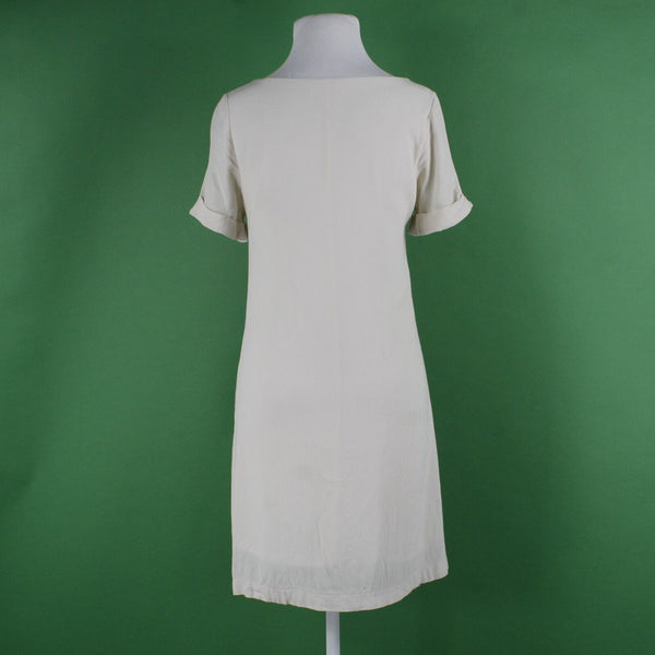 Interi Sz S Ivory Lined Round Neck Cuffed Short Sleeve Pullover 100% Rayon Dress