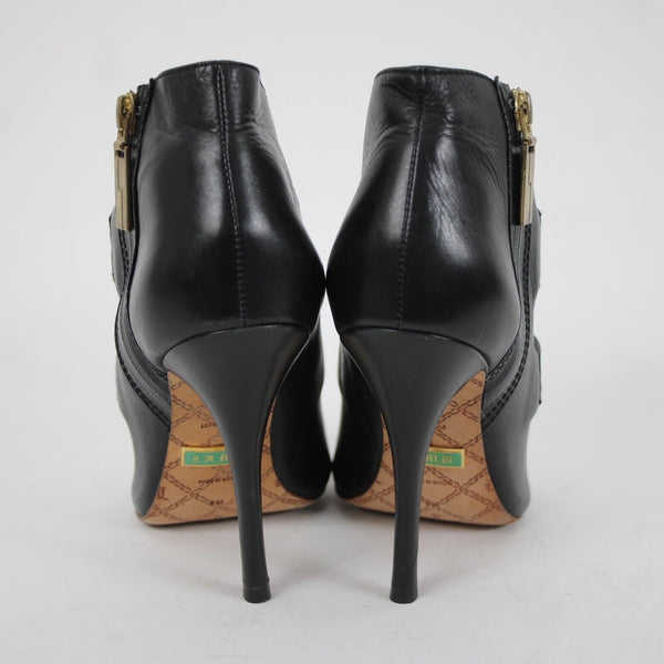Lamb Sz 8 M Black Side Zip Open Toe Bold Strappy Leather 4.5" Stiletto Heels