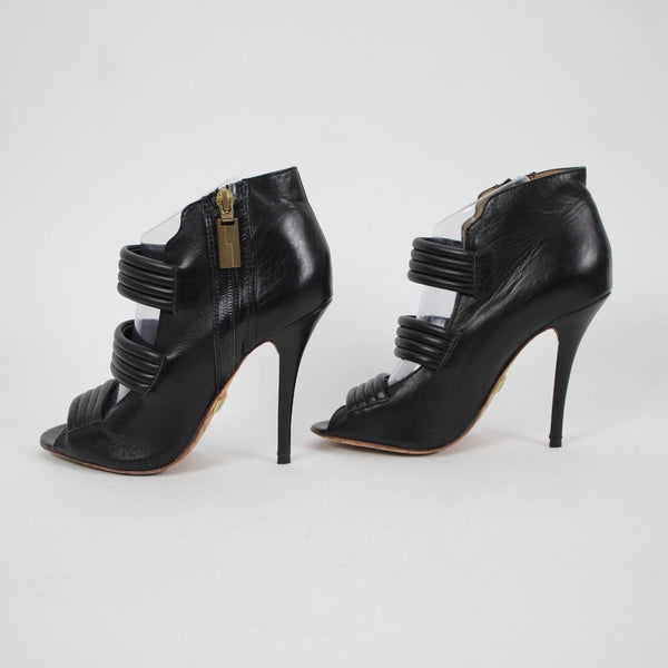 Lamb Sz 8 M Black Side Zip Open Toe Bold Strappy Leather 4.5" Stiletto Heels