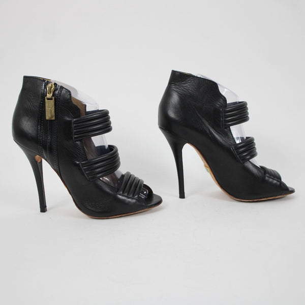 Lamb Sz 8 M Black Side Zip Open Toe Bold Strappy Leather 4.5" Stiletto Heels