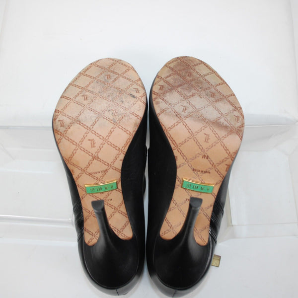 Lamb Sz 8 M Black Side Zip Open Toe Bold Strappy Leather 4.5" Stiletto Heels