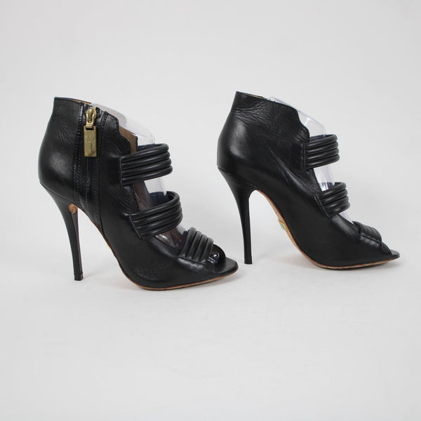 Lamb Sz 8 M Black Side Zip Open Toe Bold Strappy Leather 4.5" Stiletto Heels