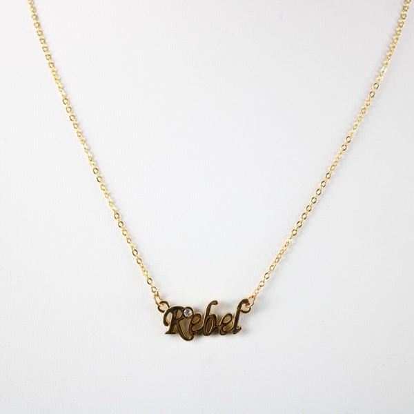REBEL Name NEW Goldtone Rhinestone Accent 14.5" w 4.5" Multi Ring Ext Necklace