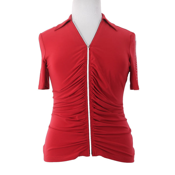 Joseph Ribkoff Top Veston Jacket Sz 14 Red Silver Embellishments Zipper Poly
