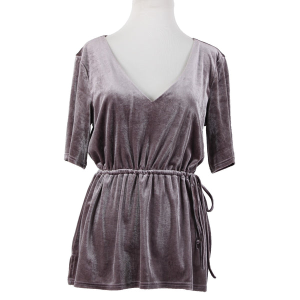 Crosby Sz M Lavender Purple Velour Drawstring V Neck Polyester Spandex Top