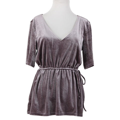 Crosby Sz M Lavender Purple Velour Drawstring V Neck Polyester Spandex Top