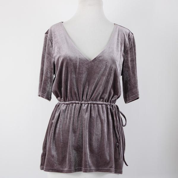 Crosby Sz M Lavender Purple Velour Drawstring V Neck Polyester Spandex Top