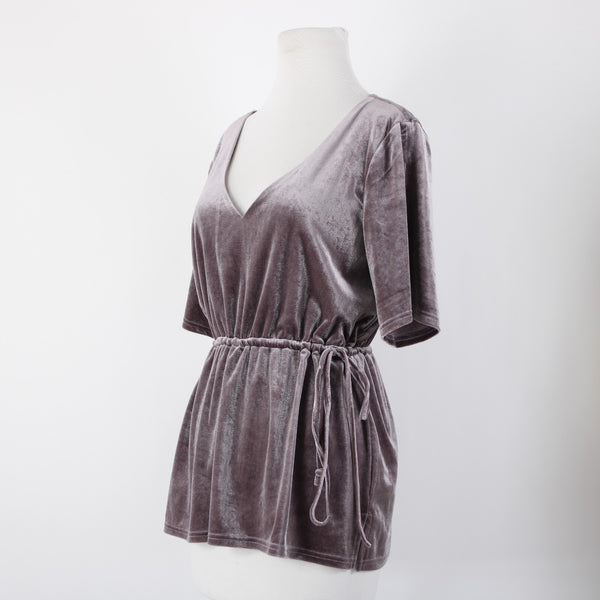 Crosby Sz M Lavender Purple Velour Drawstring V Neck Polyester Spandex Top