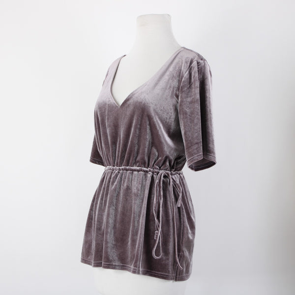 Crosby Sz M Lavender Purple Velour Drawstring V Neck Polyester Spandex Top