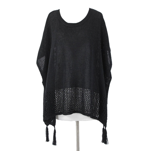 Johnny Was Sz OS Black Knit Sleeveless Side Slit Tasseled Cotton Polyester Top