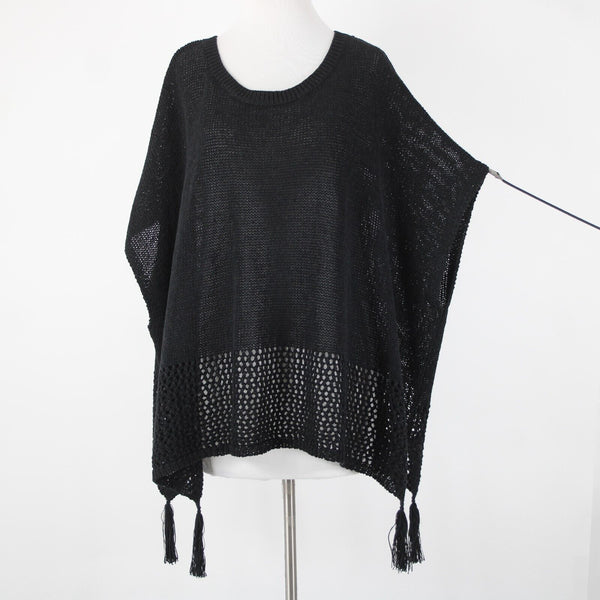 Johnny Was Sz OS Black Knit Sleeveless Side Slit Tasseled Cotton Polyester Top