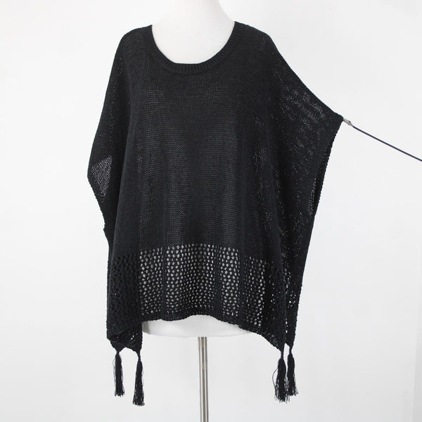 Johnny Was Sz OS Black Knit Sleeveless Side Slit Tasseled Cotton Polyester Top