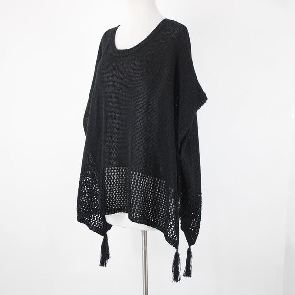 Johnny Was Sz OS Black Knit Sleeveless Side Slit Tasseled Cotton Polyester Top