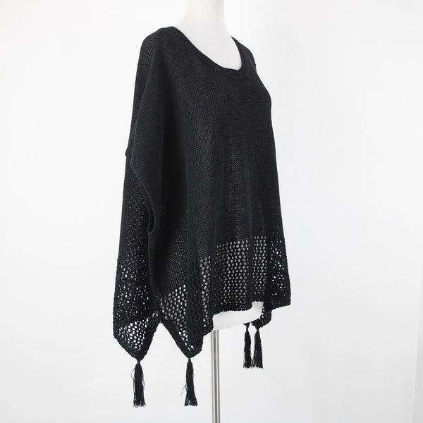 Johnny Was Sz OS Black Knit Sleeveless Side Slit Tasseled Cotton Polyester Top