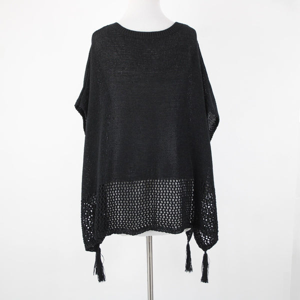 Johnny Was Sz OS Black Knit Sleeveless Side Slit Tasseled Cotton Polyester Top